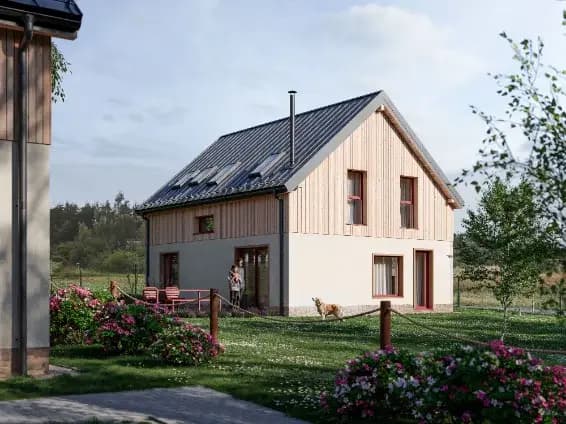 Vizualizace domu s červenými okny